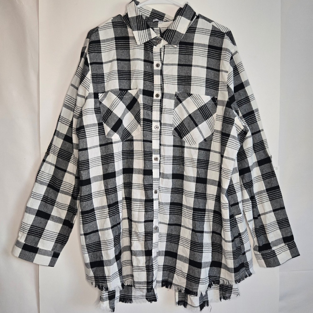 White Birch Womens 1X Buffalo plaid Linen Blend Raw Hem Split Back button shirt